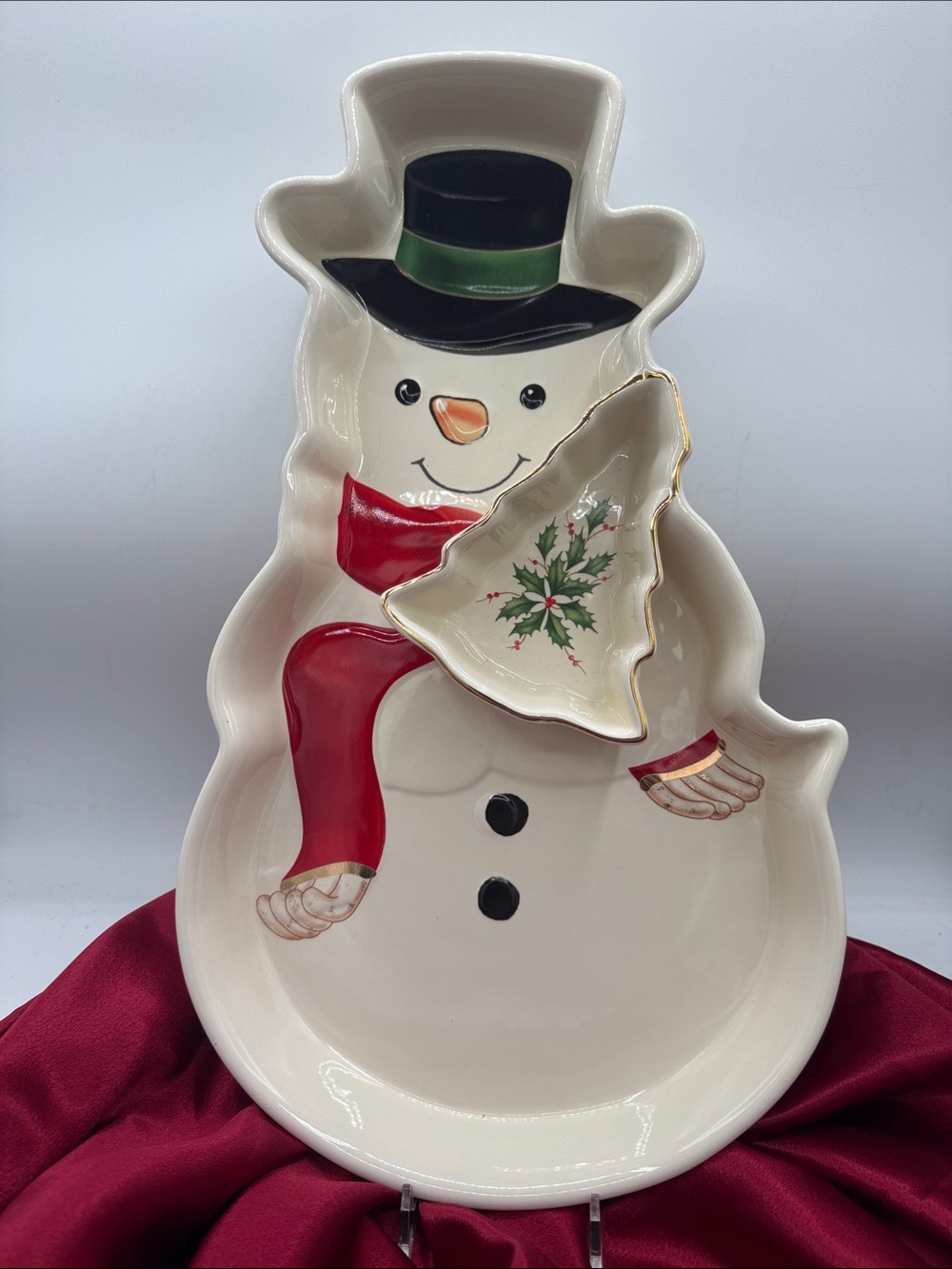 Lenox Ceramic Snowman Serving Platter with Tree Dish - Cream, Red, Black, Green